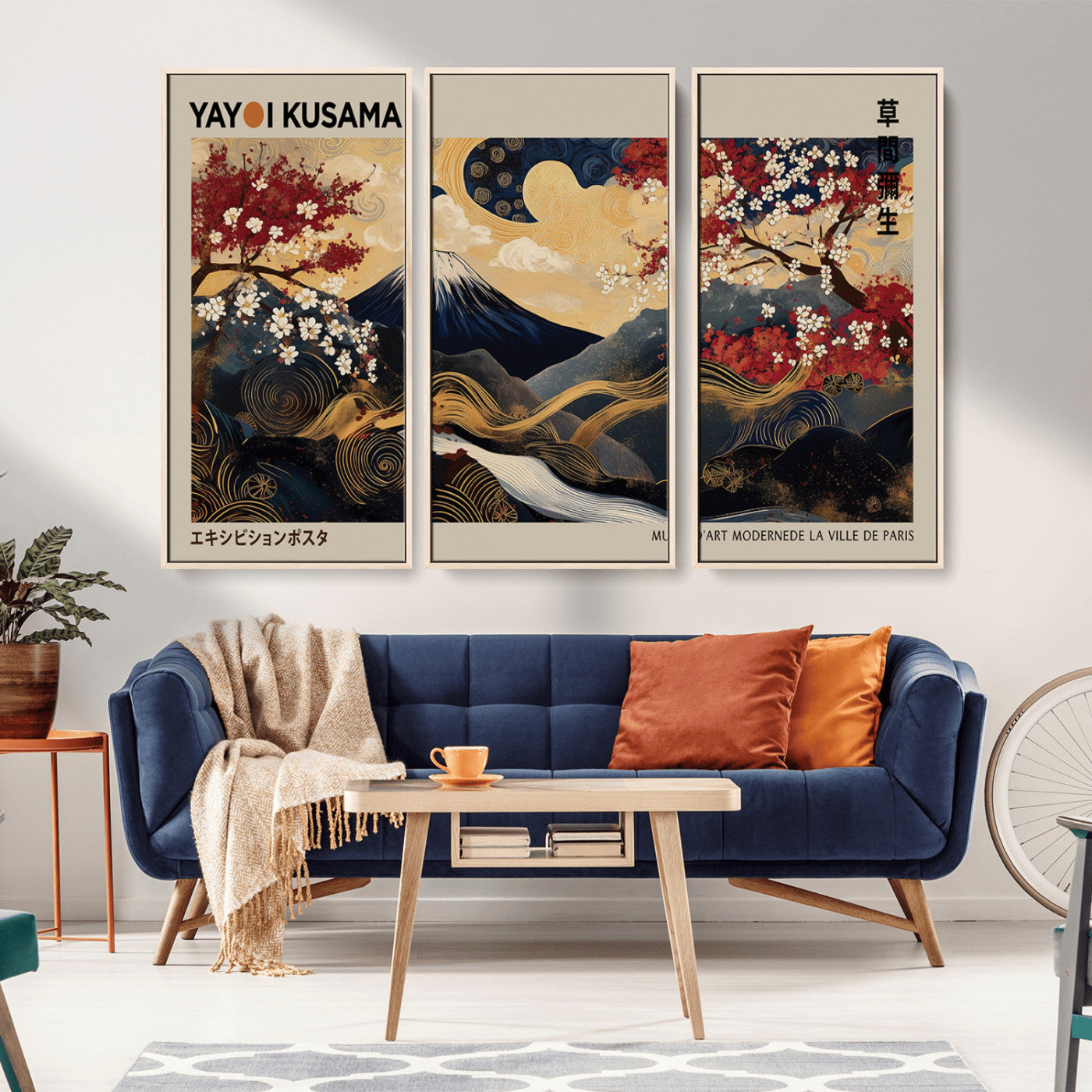 MGV-FC-48X32-3P - Modern Japanese Wall Art, Yayoi Kusama Japanese Print Wall Art, Abstract Mount Fuji Canvas Print,
