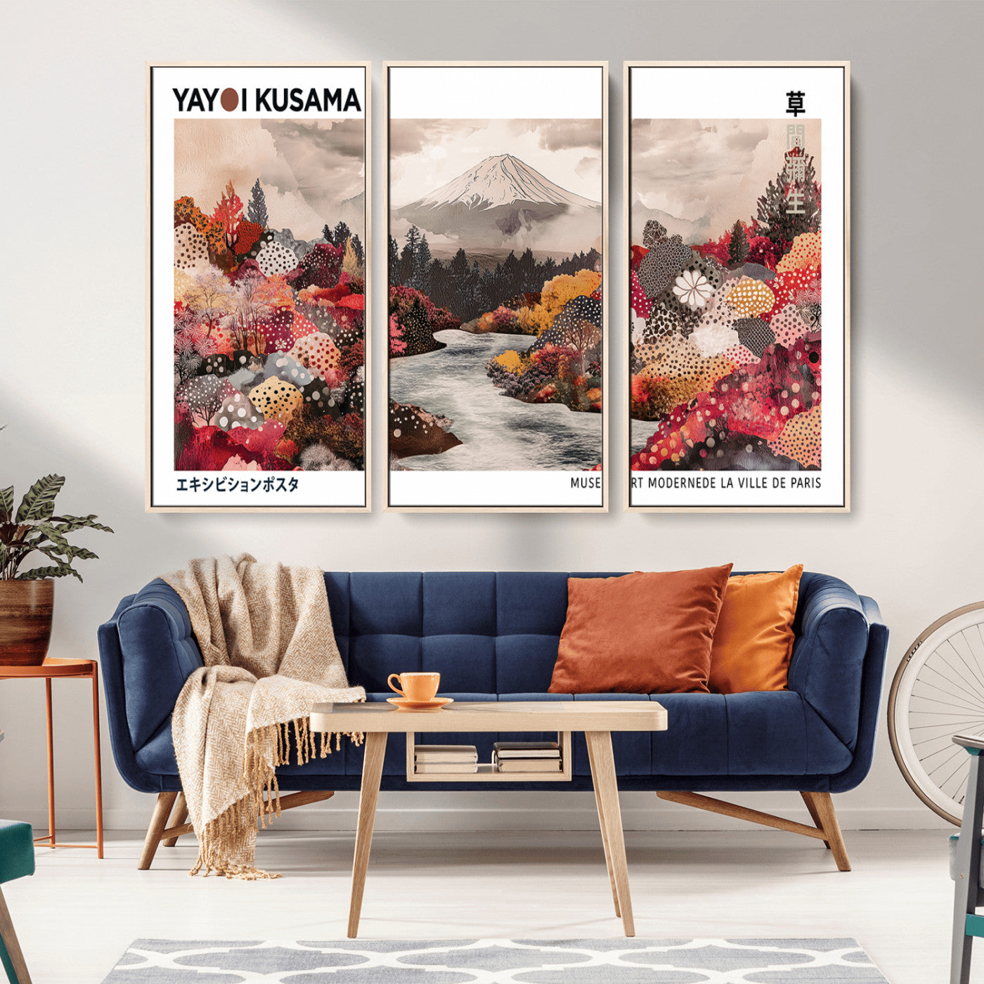MGV-FC-48X32-3P - Modern Japanese Wall Art Print, Yayoi Kusama Canvas Wall Art, Abstract Mount Fuji Art Canvas Print,