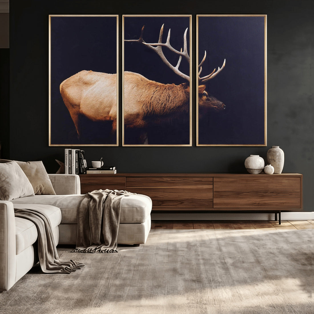 Rustic Elk Wall Art Canvas Print, Framed Moody Wildlife Art, Western Lodge Decor