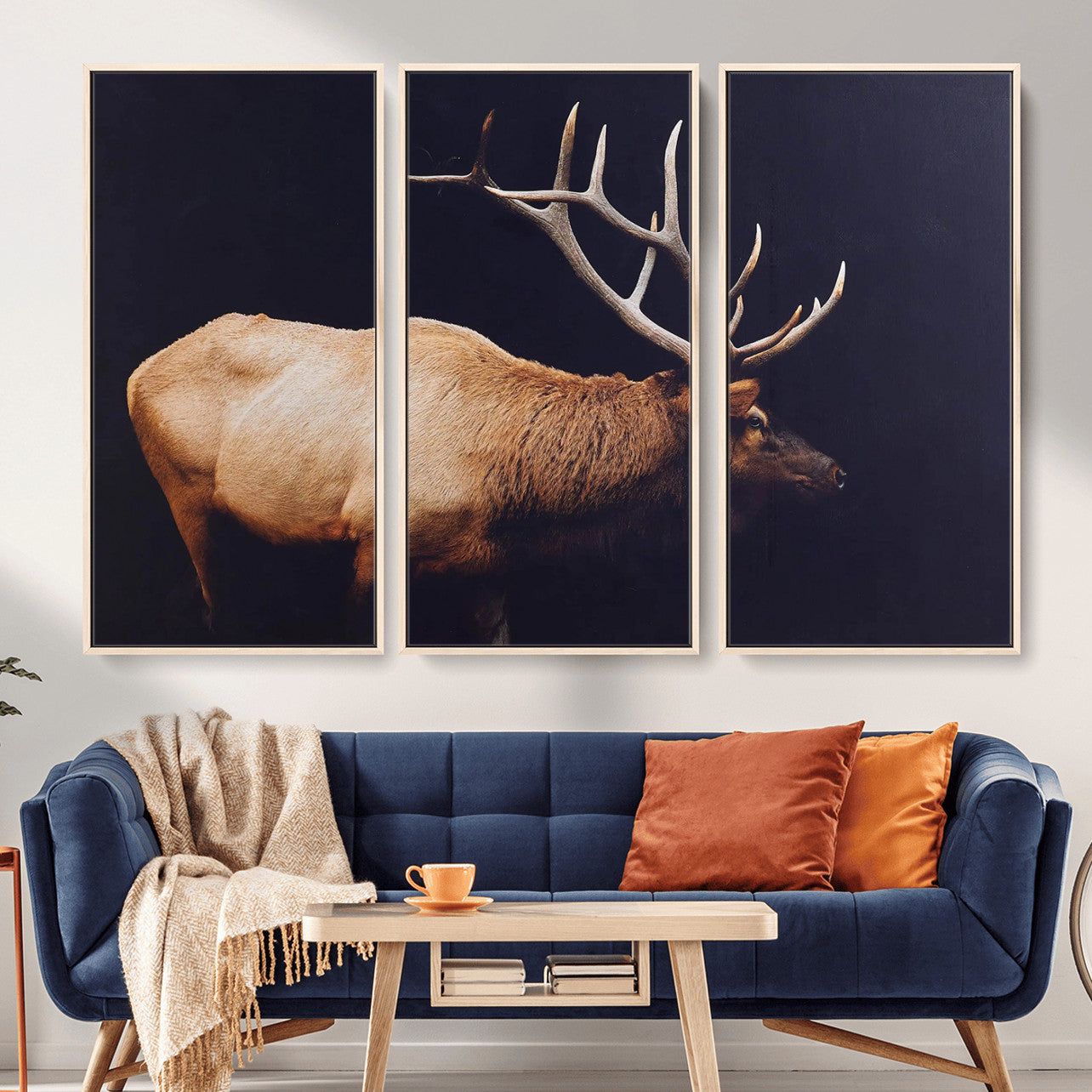89239257-MGV-FC-48X32-3P - Rustic Elk Wall Art Canvas Print – Framed Moody Wildlife Art Picture Western Animal Artwork for Home, Office