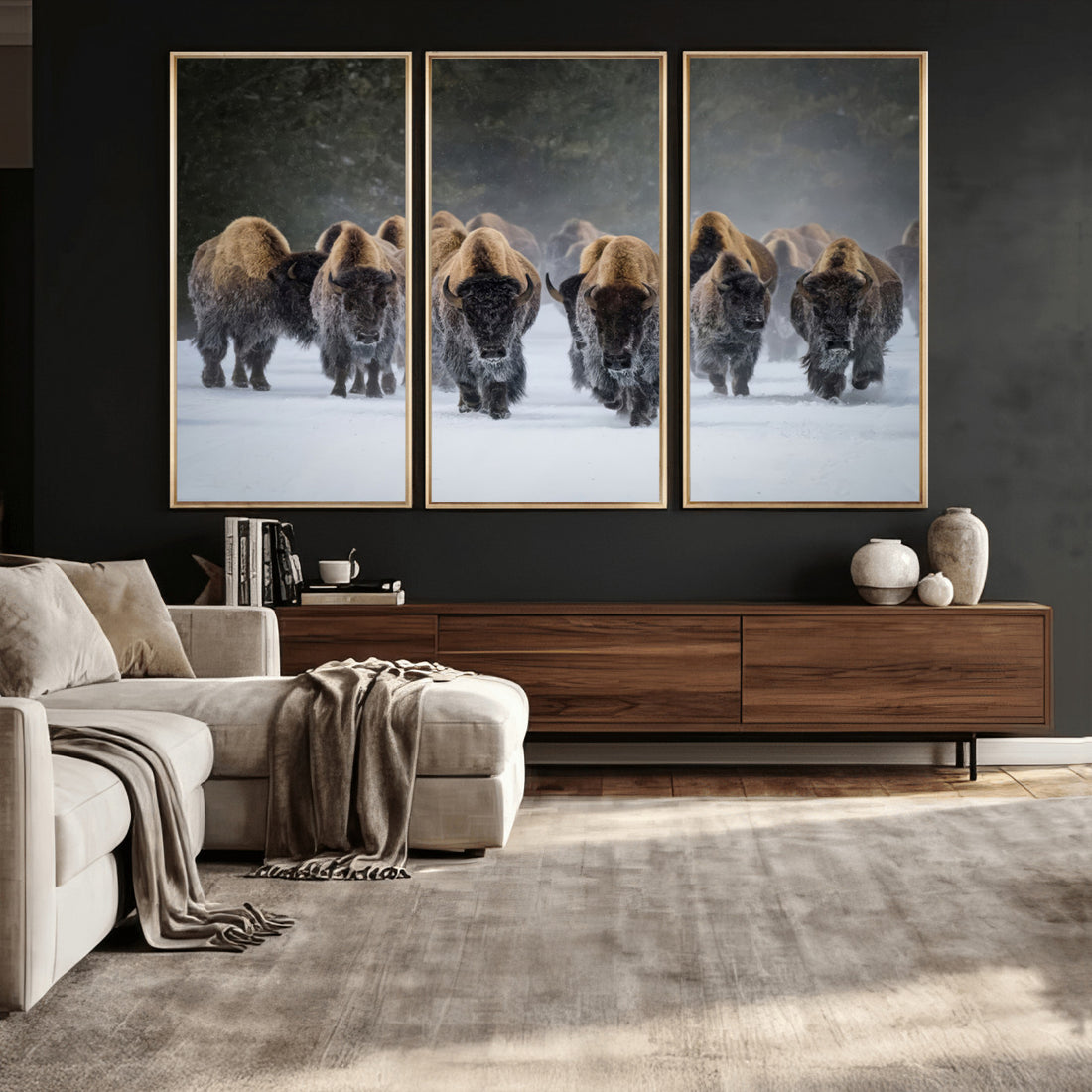 Bison Herd Wall Art Canvas Print, Framed Rustic Wildlife Decor, Snowy Bison Landscape