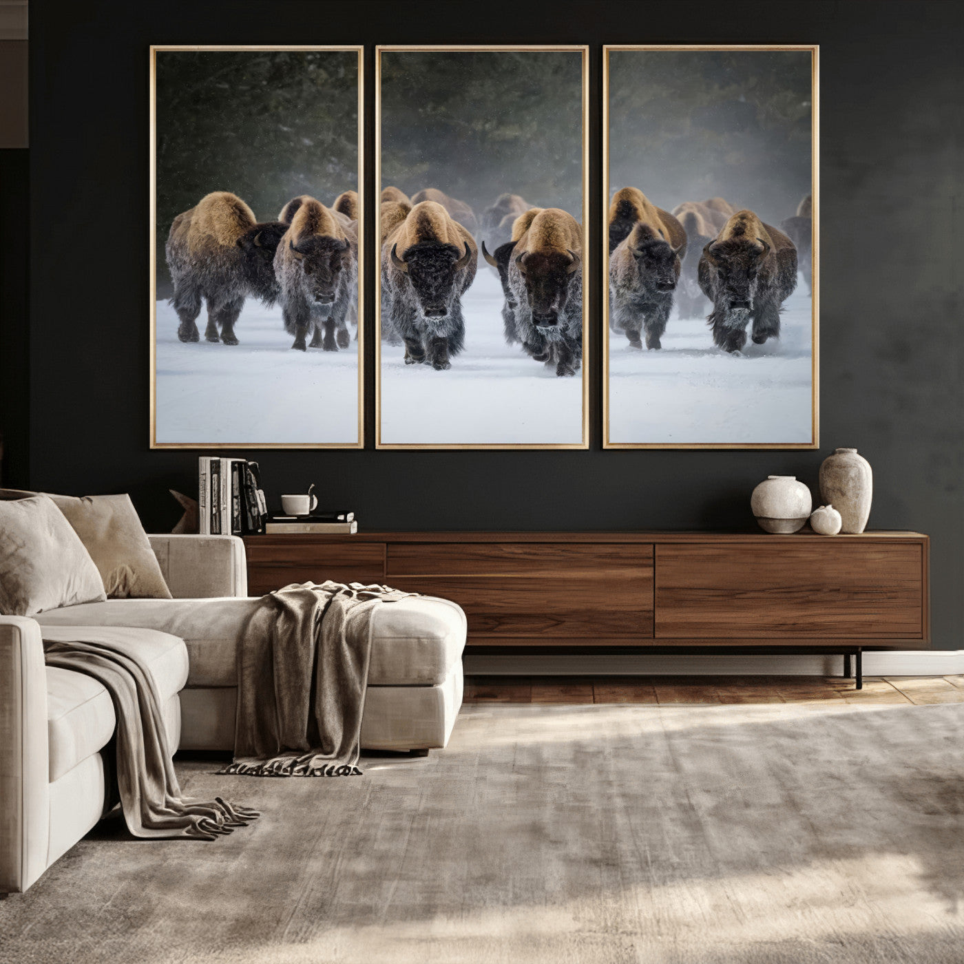 41669135-MGV-CV-36X24 - Winter Bison Herd Wall Art – Majestic Buffalo Charge Canvas Print with Snow Covered Plains, Rustic Wildlife Strength and Untamed Nature Decor for Home and Office