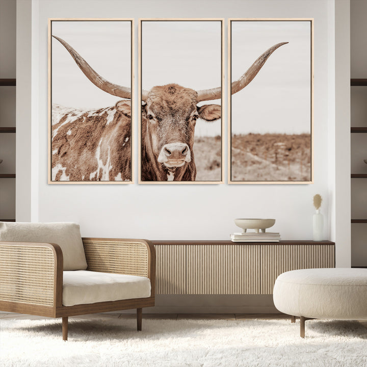 Longhorn Bull Photo Wall Art Canvas Print, Framed Rustic Cow Art Picture Print, Neutral Farmhouse Perfect Rustic Neutral Farmhouse Decor