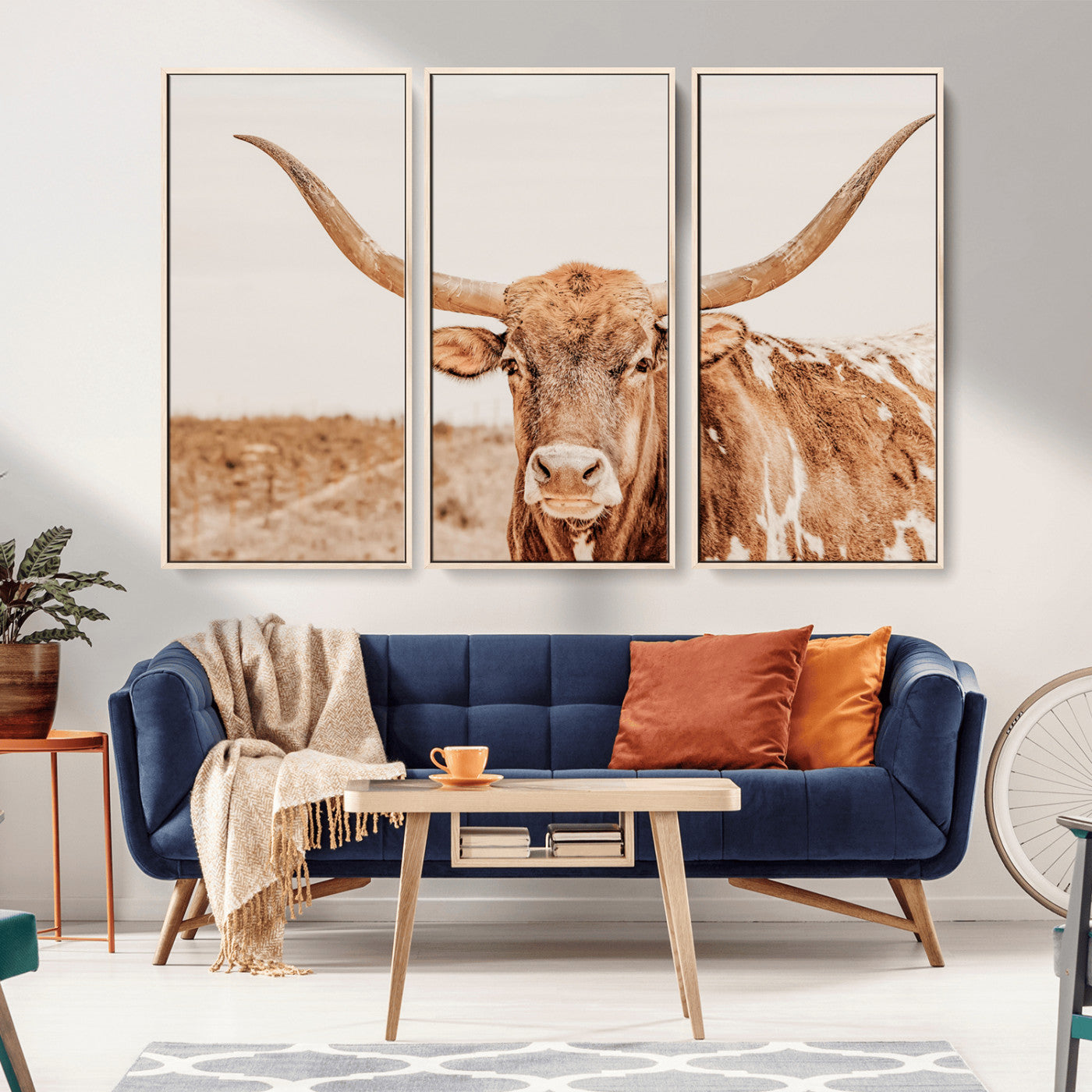 MGV-FC-48X32-3P - Longhorn Bull Wall Art Canvas Print, Framed Western Cow Art Picture Print, Rustic Farmhouse Perfect Neutral Farmhouse Decor Artwork