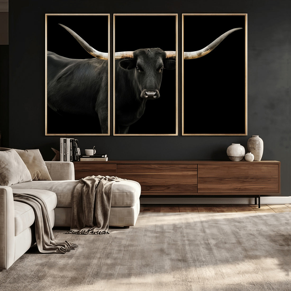 Texas Longhorn Wall Art Canvas Print, Framed Rustic Western Farmhouse Artwork