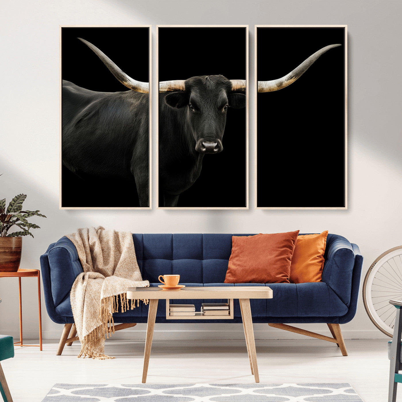 MGV-FC-48X32-3P - Texas Longhorn Wall Art Canvas Print, Framed Rustic Western Art Picture Print, Farmhouse Animal Perfect Modern Western Minimalist Decor Artwork