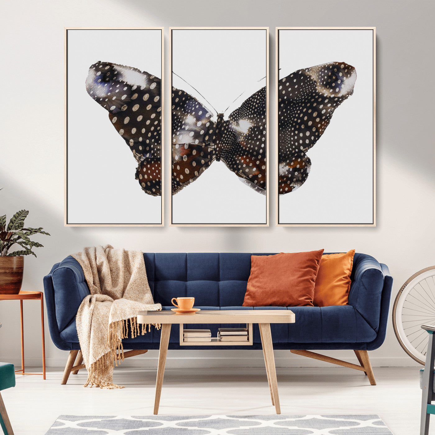 MGV-FC-48X32-3P - Spotted Butterfly Wall Art Canvas Print, Framed Neutral Insect Theme Art Picture Print, Earthy Wing Pattern Perfect Modern Rustic Decor Artwork