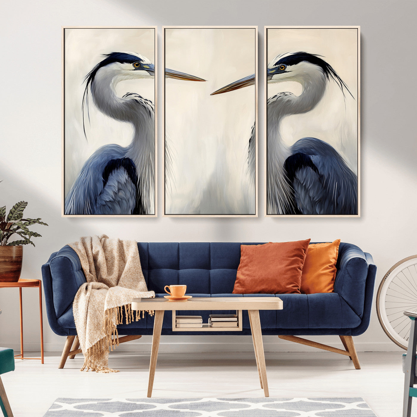 MGV-FC-48X32-3P - Blue Heron Pair Wall Art Canvas Print, Framed Coastal Bird Theme Art Picture Print, Tranquil Wildlife Scene Perfect Coastal Minimalist Decor Artwork