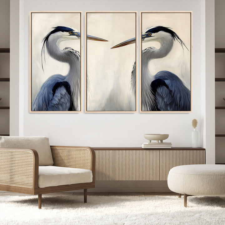Blue Heron Pair Wall Art Canvas Print, Coastal Bird Theme Print, Framed Tranquil Wildlife Scene Art Print, Large Nature Inspired Decor Printing