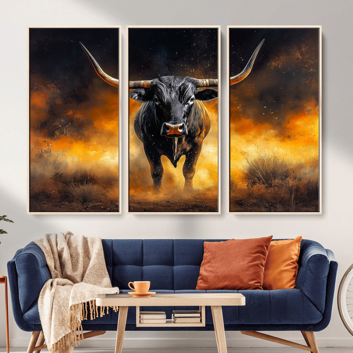 58293979-MGV-CV-36X24-Longhorn Canvas Wall Art Canvas Print – Framed Bold Bull Western Animal Dramatic Ranch Artwork for Home Office