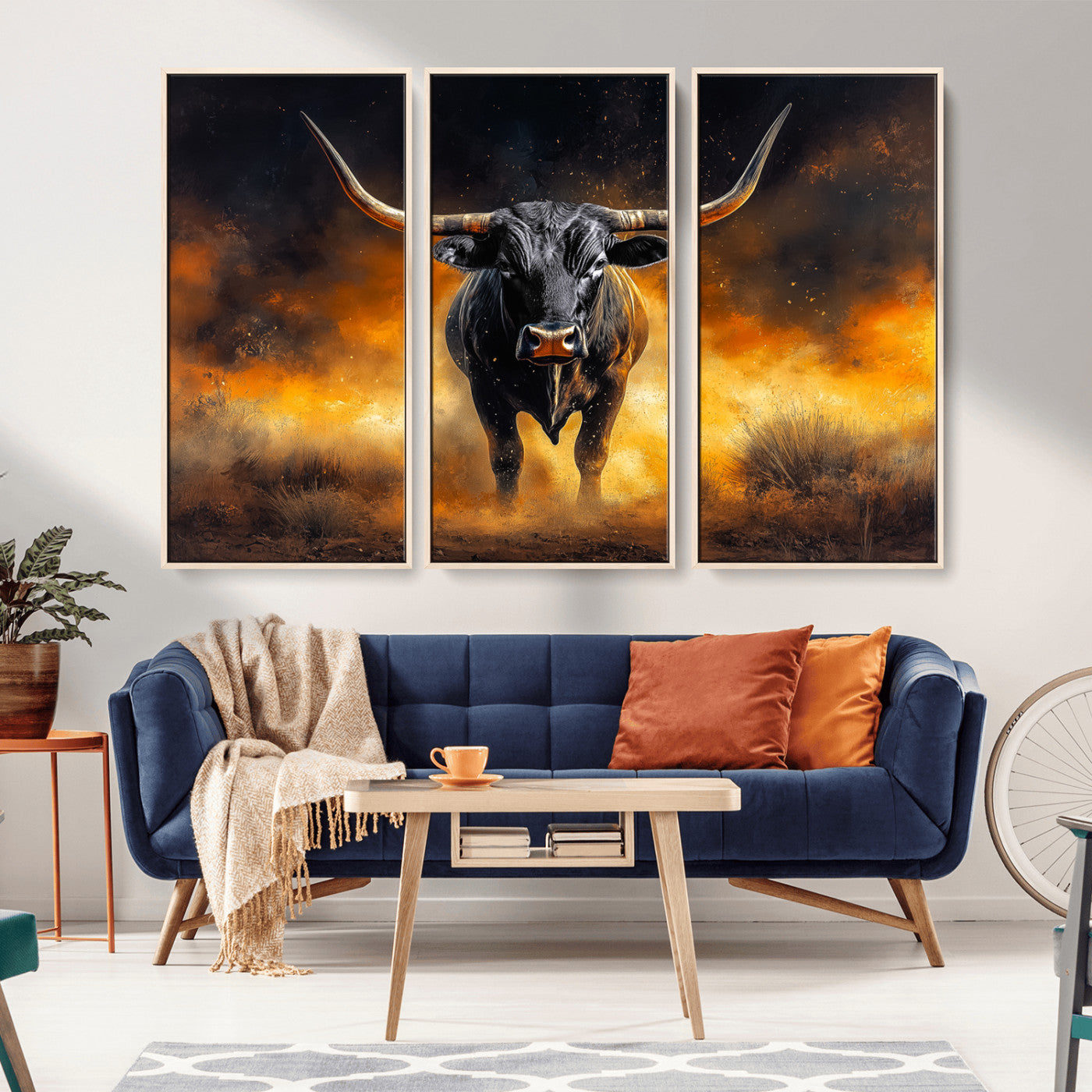MGV-FC-48X32-3P - Longhorn Canvas Wall Art Canvas Print, Framed Bold Bull Wall Art Art Picture Print, Western Animal Decor Perfect Western Dramatic Decor Artwork