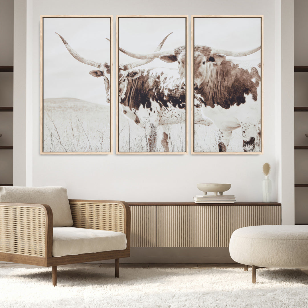 Longhorn Wall Art Wall Art Canvas Print, Western Cow Canvas Print, Framed Rustic Farm Decor Art Print, Large Neutral Animal Scene Printing