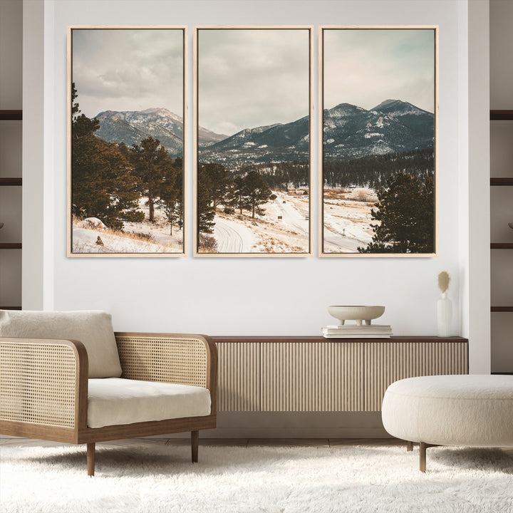 Mountain Landscape Wall Art Canvas Print, Framed Snowy Peaks Art Picture Print, Alpine Aesthetic Perfect Rustic Winter Decor Artwork