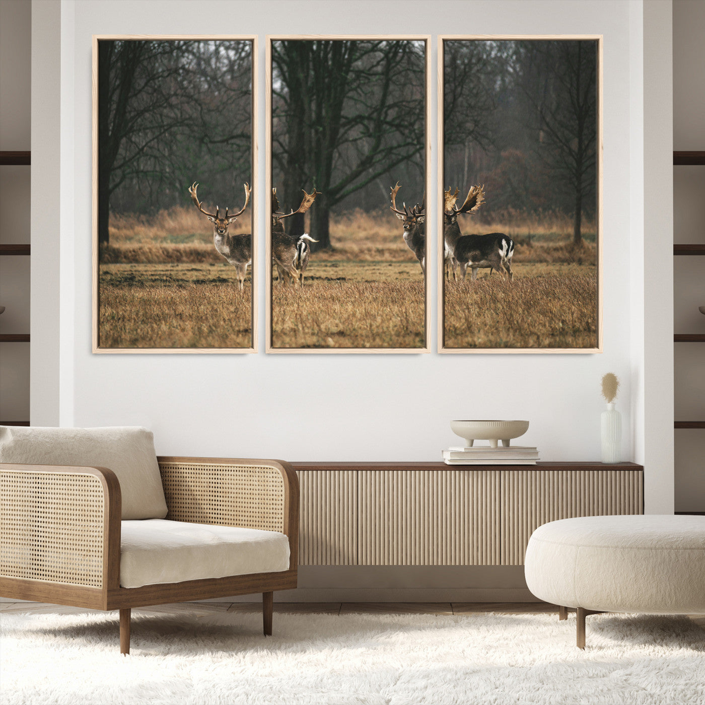 55348744-MGV-FC-60X40-3P_Natural-Deer Photography Wall Art Canvas Print, Framed Rustic Wildlife Art Picture, Rustic Deer Wall Art Print