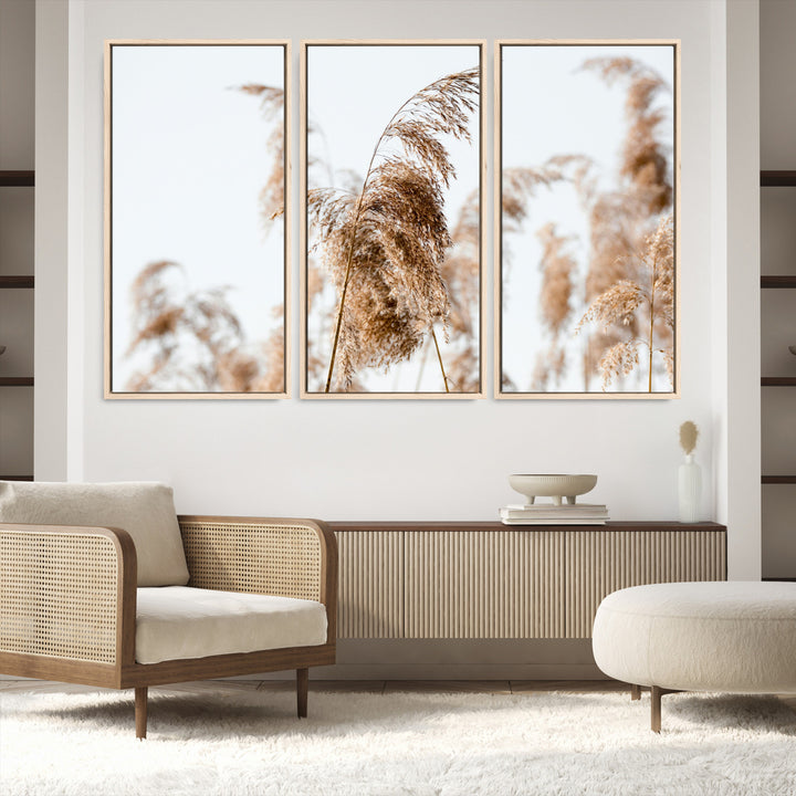 Pampas Grass Wall Art Canvas Print, Framed Neutral Tones Art Picture Print, Minimalist Nature Perfect Boho Decor Artwork