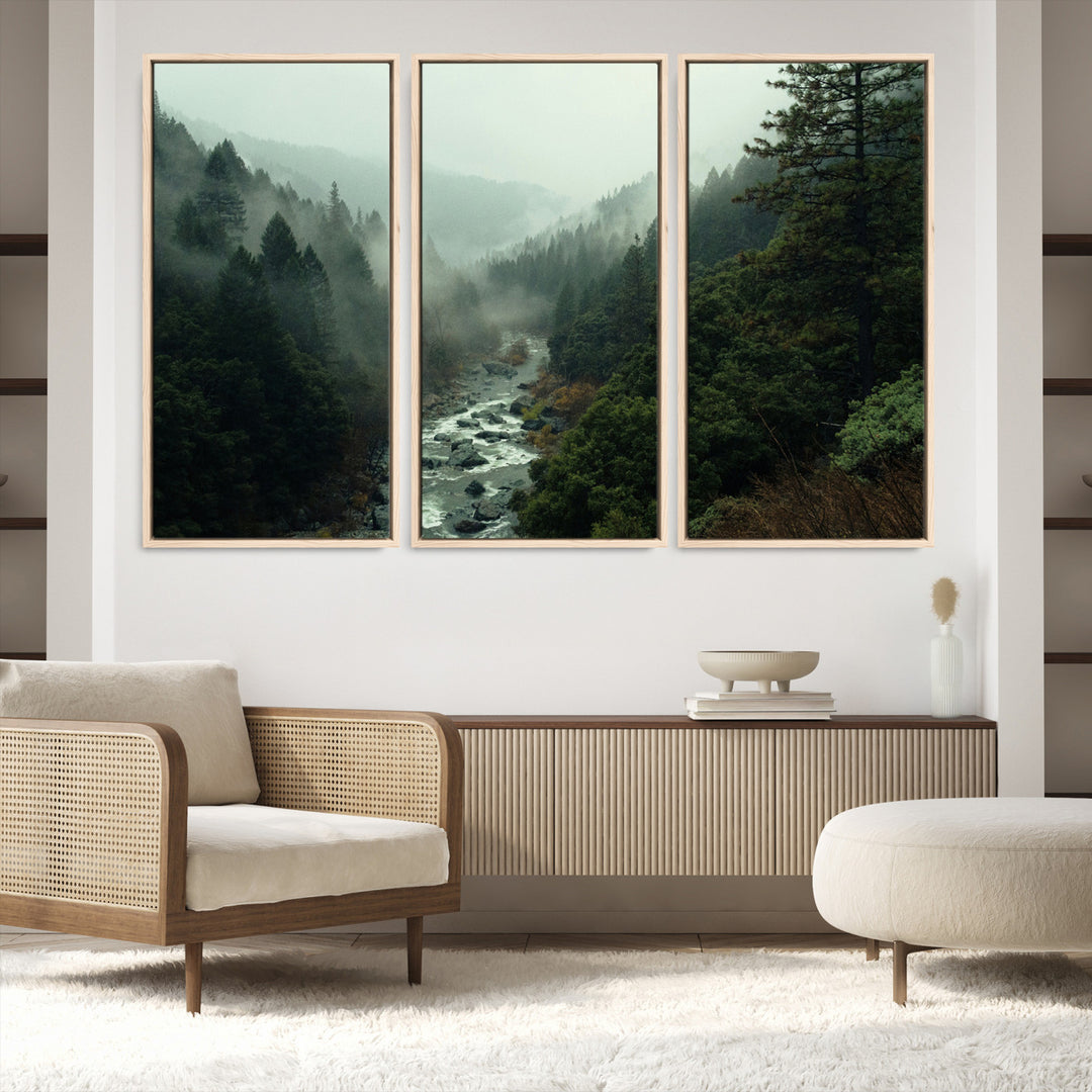 Misty Forest Wall Art Canvas Print, Framed Foggy River Art Picture Print, Moody Landscape Perfect Wilderness Decor Artwork