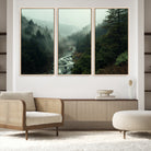 48497565-MGV-FC-60X40-3P_Natural-Misty Forest Wall Art Canvas Print, Framed Foggy River Art Picture Print, Moody Landscape Perfect Wilderness Decor Artwork