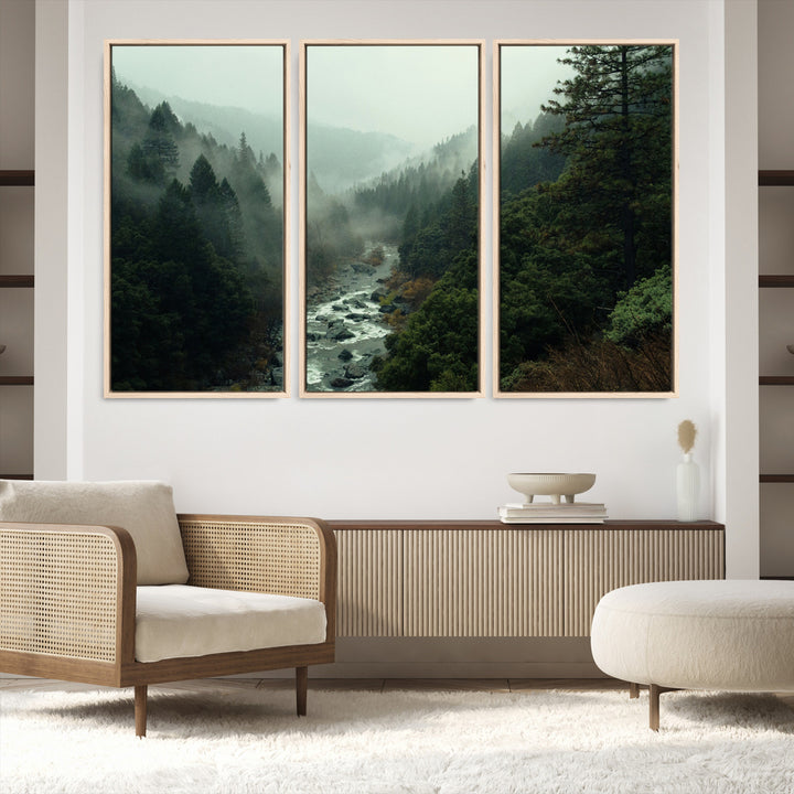 Misty Forest Wall Art Canvas Print, Framed Foggy River Art Picture Print, Moody Landscape Perfect Wilderness Decor Artwork