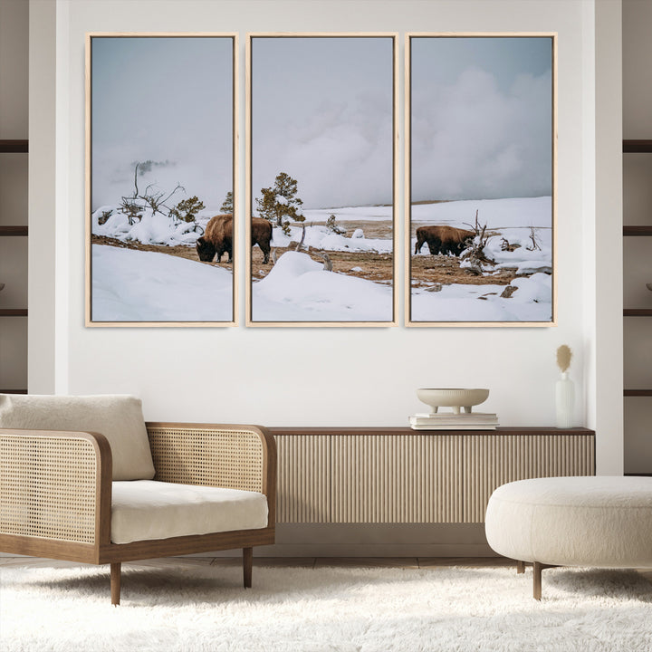 Bison Wildlife Wall Art Canvas Print, Framed Snowy Prairie Art Picture Print, Western Perfect Rustic Decor Artwork