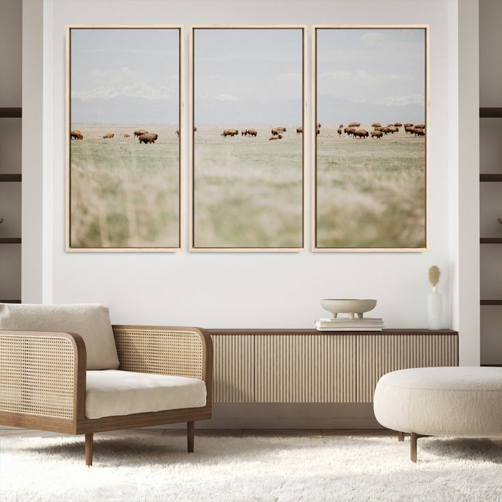 Bison Herd Wall Art Canvas Print, Framed Western Art Picture Print, Bison Perfect Ranch Decor Artwork
