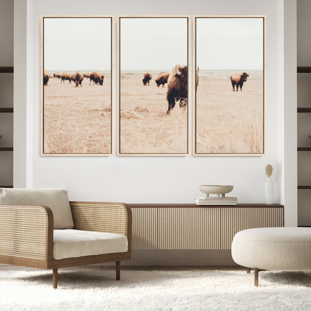 Bison Herd Wall Art Canvas Print, Framed Western Art Picture Print, Prairie Serenity Perfect Ranch Decor Artwork