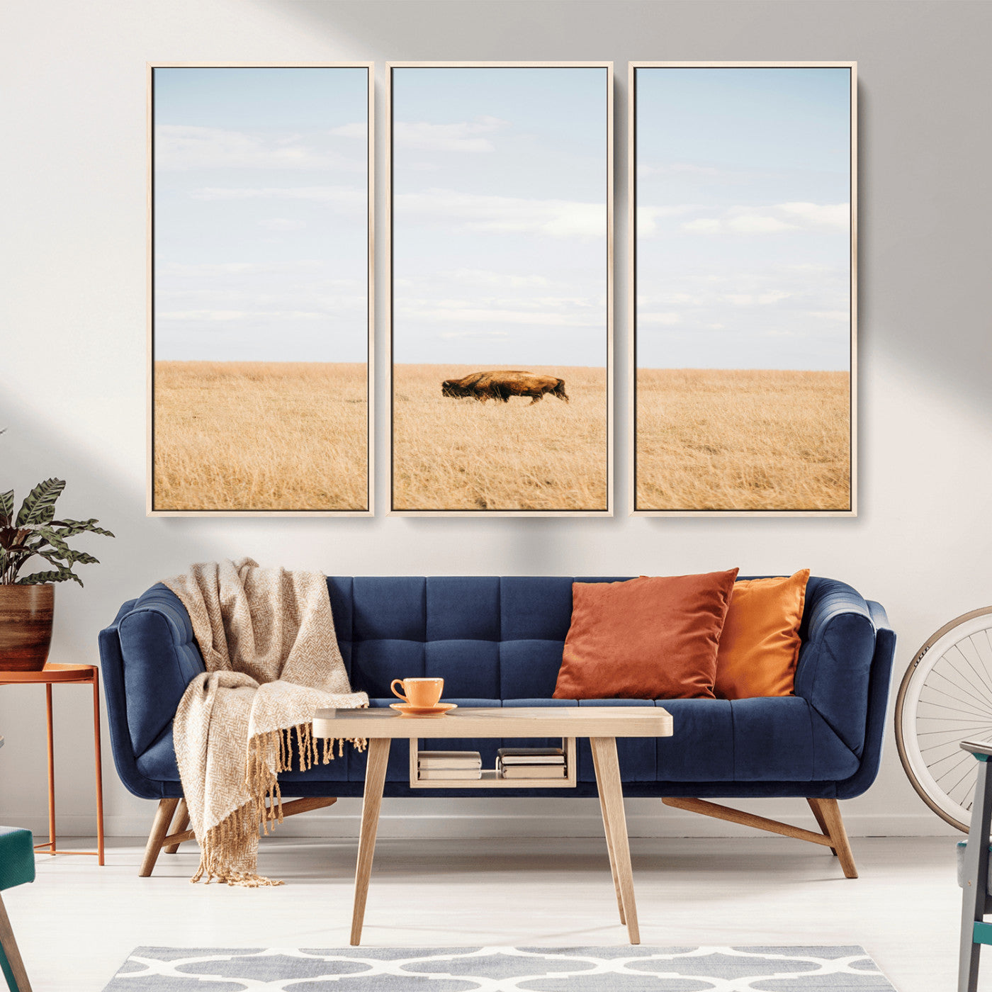 MGV-FC-48X32-3P - Minimalist Nature Wall Art Canvas Print, Framed Bison In Grassland Art Picture Print, Open Field Perfect Modern Ranch Decor Decor Artwork