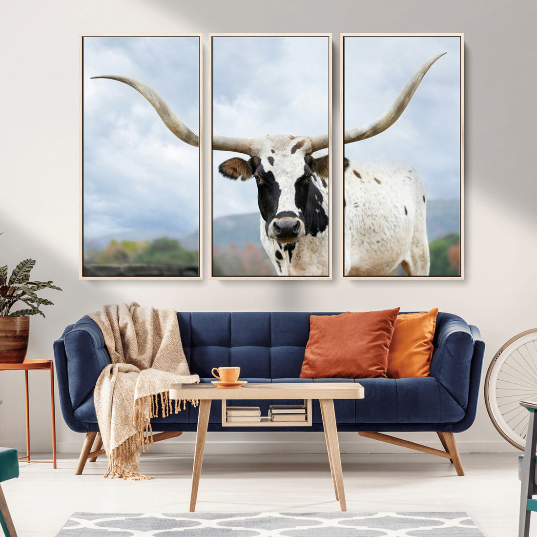 Texas Longhorn Wall Art Canvas Print, Framed Western Rustic Farmhouse