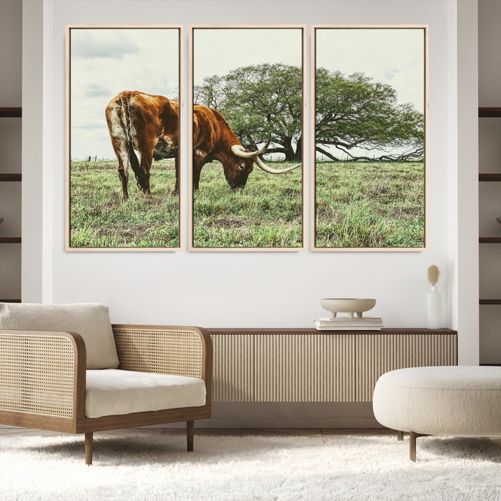 A Texas Longhorn grazing in a green pasture with a large tree in the background, evoking a rustic Western and farmhouse aesthetic.