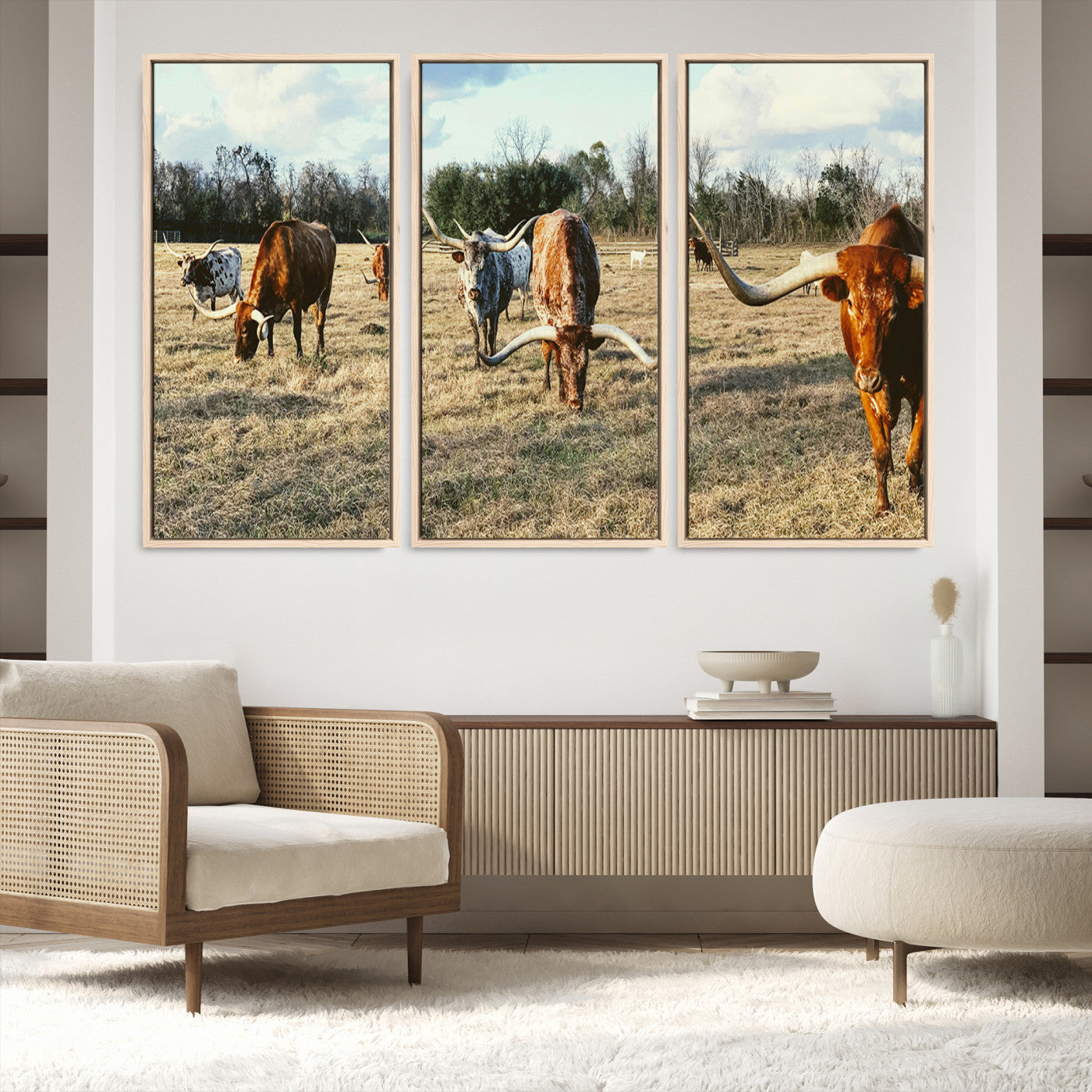 39144651-MGV-FC-48X32-3P-Texas Longhorns Wall Art Canvas Print, Framed Rustic Farm Scene Art Picture Print, Western Cattle Print Canvas Perfect Rustic Farmhouse