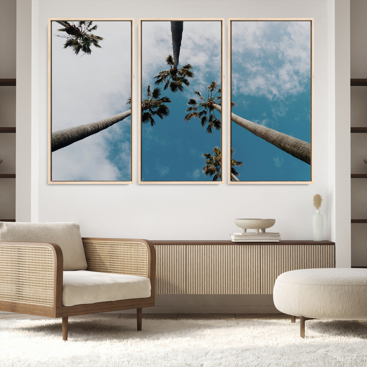 45236398-MGV-FC-48X32-3P-Tropical Palm Trees Wall Art Canvas Print, Framed California Sky Art Picture Print, Minimalist Nature Perfect Coastal Minimalist Decor