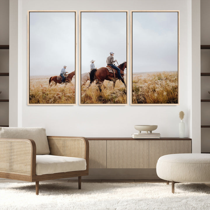 Three cowboys riding horses through a foggy prairie landscape, dressed in Western attire, evoking a rustic and adventurous Wild West aesthetic.