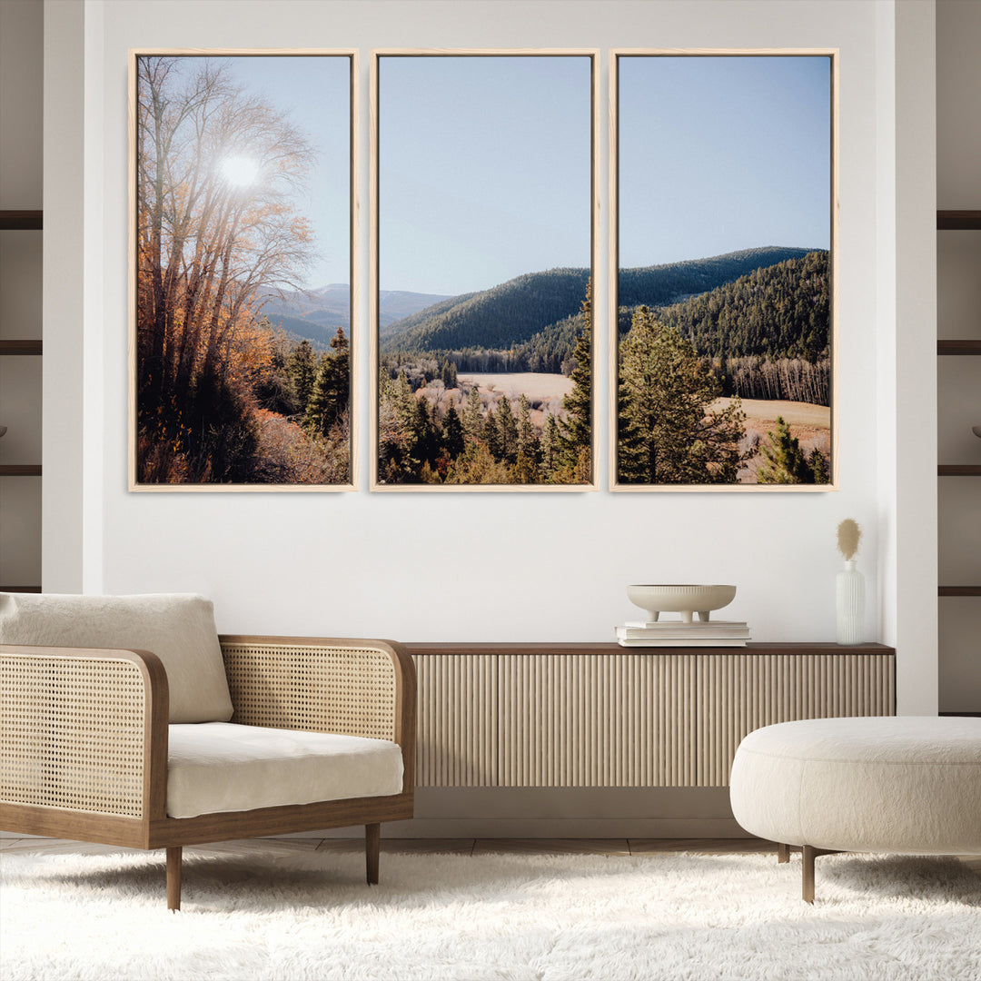 A scenic mountain valley with pine trees and autumn foliage under a clear sky, bathed in golden sunlight, creating a peaceful and rustic landscape.