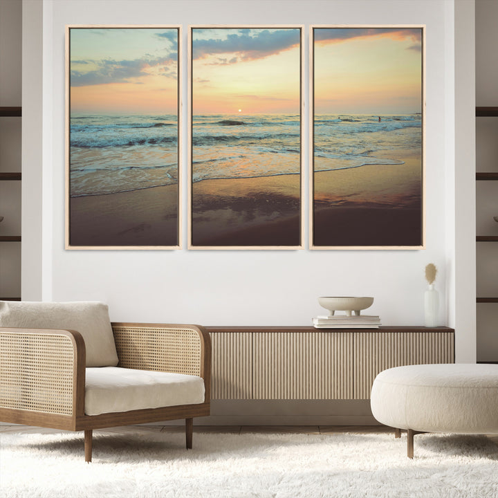 Warm sunset over gentle ocean waves with pastel sky and reflections on wet sand, creating a calm and soothing beach ambiance.