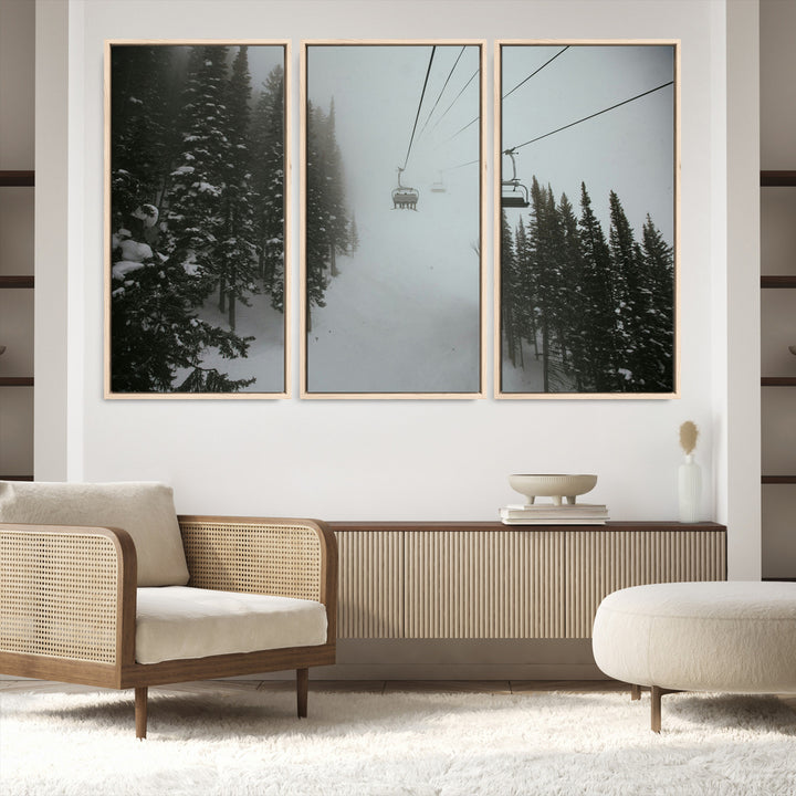 Ski Lift Wall Art Canvas Print, Framed Snowy Pines Art Picture Print, Misty Landscape Perfect Winter Serenity Decor Artwork