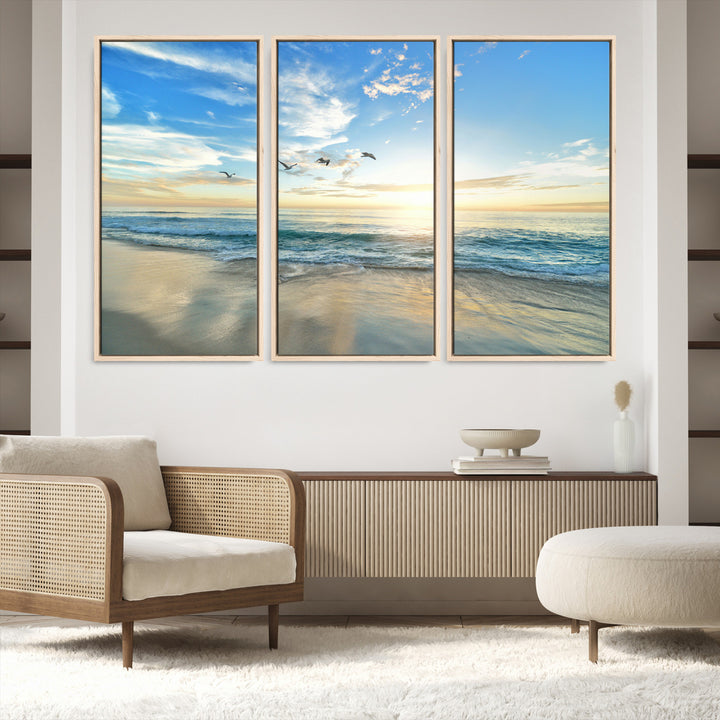 20708696-MGV-FC-60X40-3P_Natural-Minimalist Seaside Morning Glow Art Canvas Print, Golden Reflections Perfect Coastal Minimalist Decor Artwork