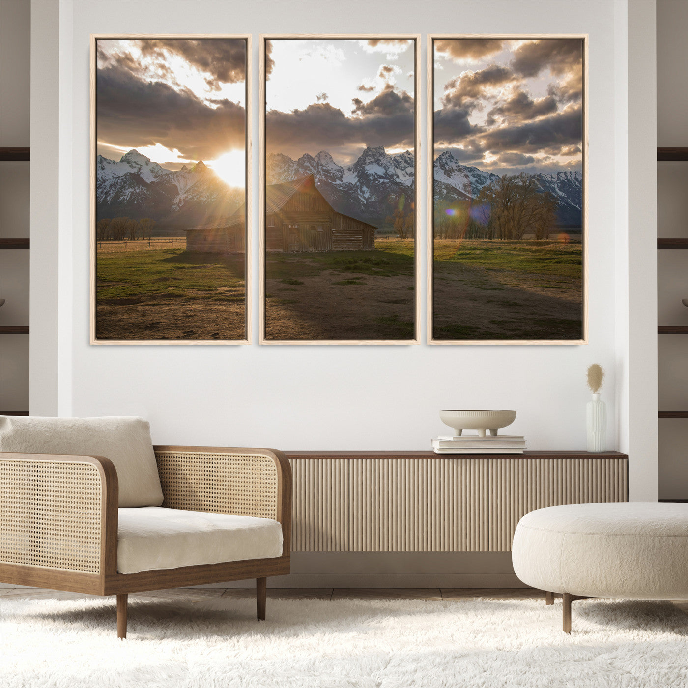 52555760-MGV-FC-60X40-3P_Natural-Snowy Peaks Wall Art Canvas Print, Framed Nature Escape Art Picture Print, Rustic Charm Perfect Rustic Western Decor Artwork