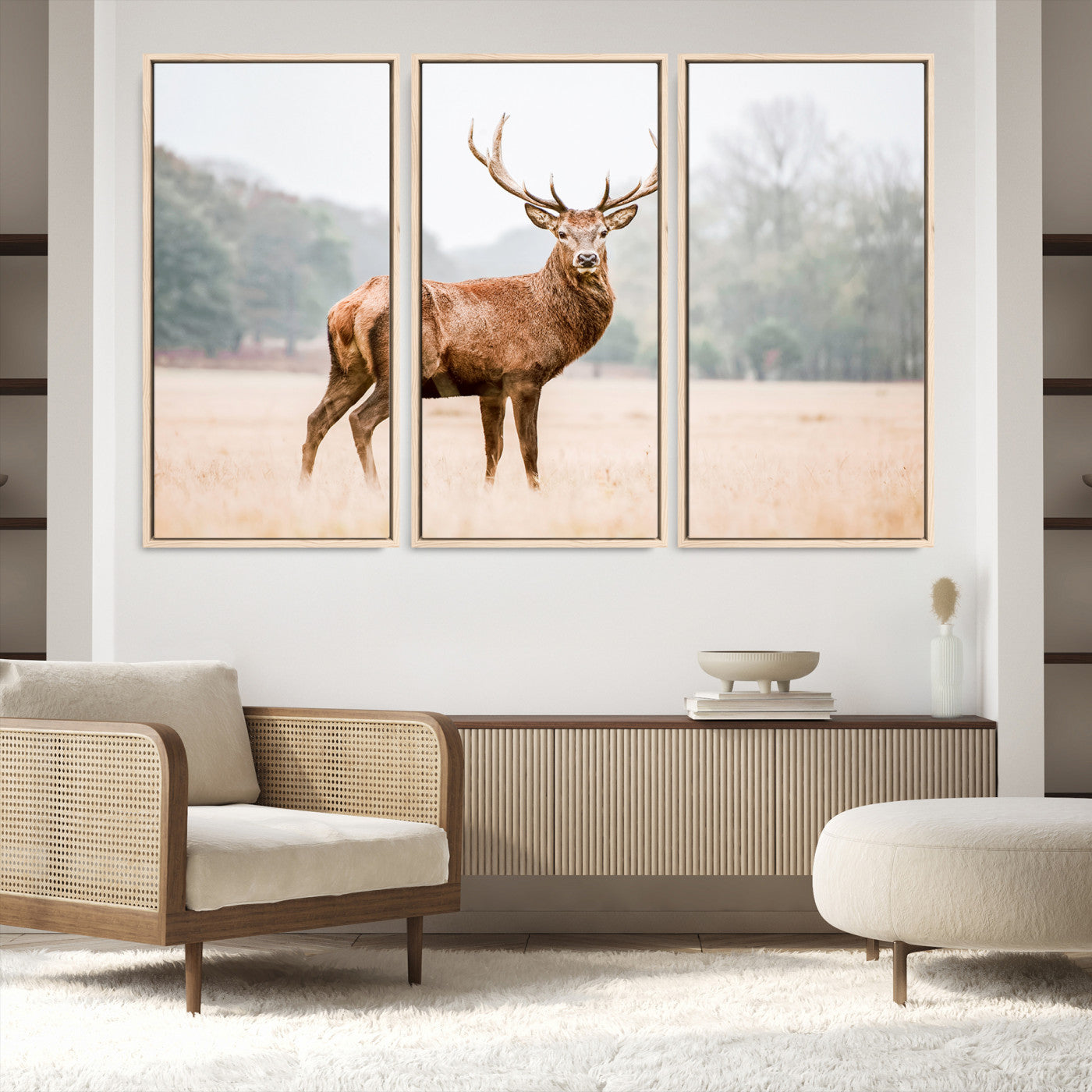 86502413-MGV-FC-60X40-3P_Natural-Vintage Wildlife Canvas Print, Framed Misty Landscape Art Picture Print, Deer Wall Art Perfect Rustic Wildlife Decor Artwork