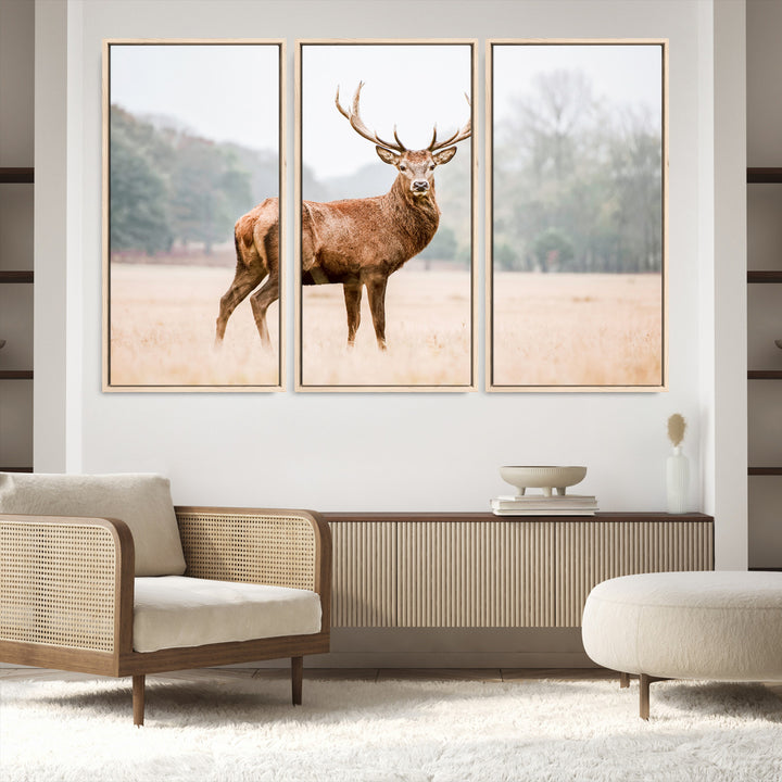 Vintage Wildlife Canvas Print, Framed Misty Landscape Art Picture Print, Deer Wall Art Perfect Rustic Wildlife Decor Artwork
