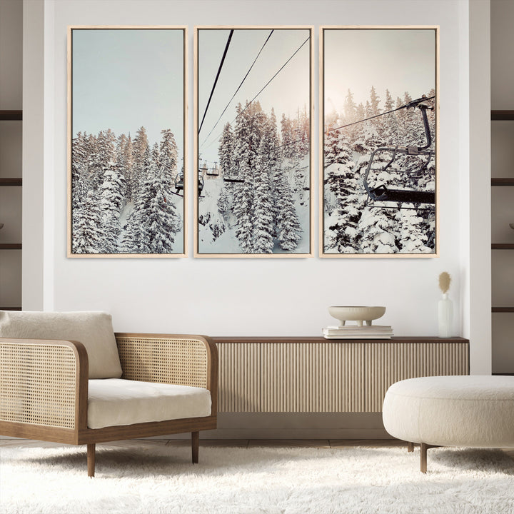 91534512-MGV-FC-60X40-3P_Natural-Frosty Pines Wall Art Canvas Print, Framed Cozy Cabin View Art Picture Print, Ski Lift Ride Perfect Rustic Lodge Decor Artwork