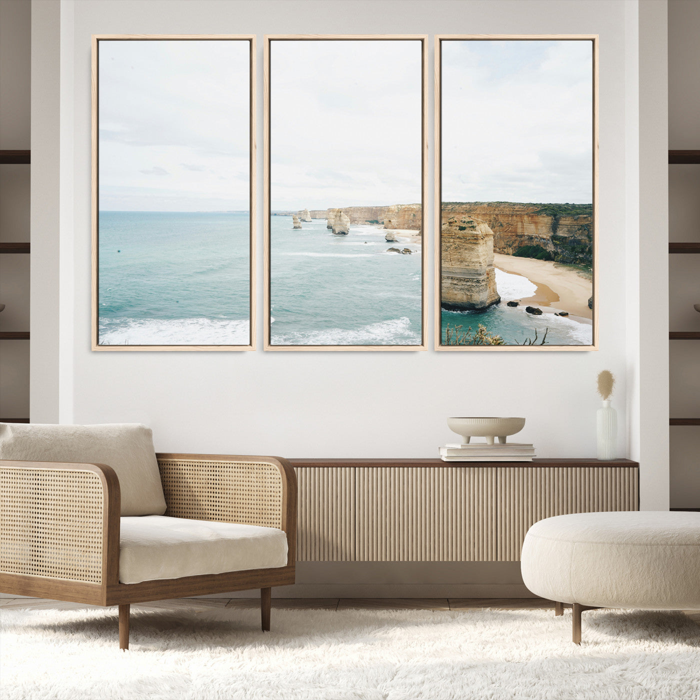 70095633-MGV-FC-60X40-3P_Natural-Twelve Apostles Wall Art Canvas Print, Framed Coastal Cliffs Art Picture Print, Rugged Rock Formations Perfect Minimalist Coastal Decor