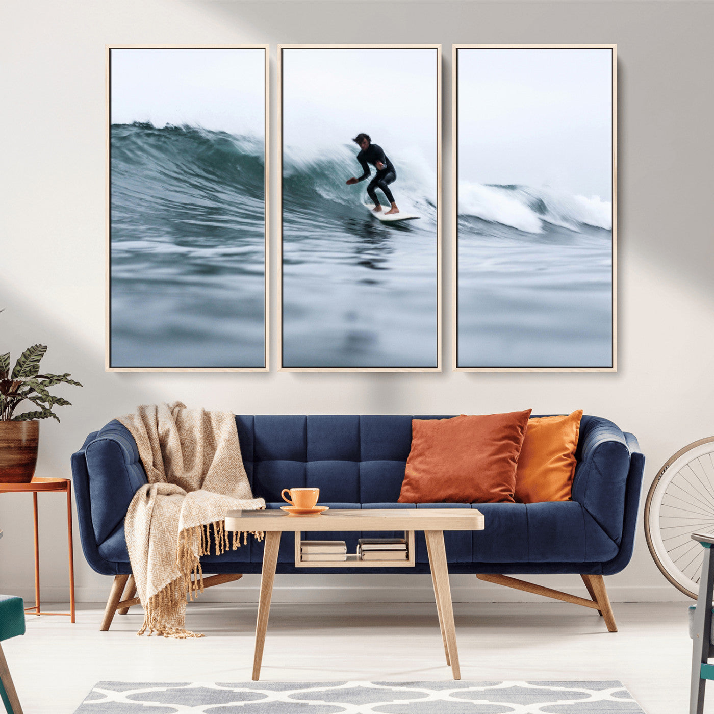 MGV-FC-48X32-3P - Surfer on Wave Wall Art Canvas Print, Framed Ocean Adventure Art Picture Print, Motion Blur Water Perfect Coastal Adventure Decor Artwork