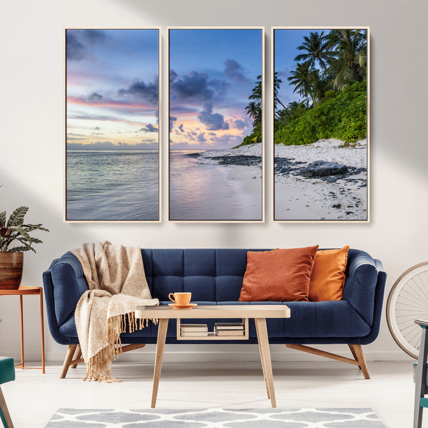 MGV-FC-48X32-3P - Tropical Beach Wall Art Canvas Print, Framed Sunset Glow Art Picture Print, Palm Tree Coast Perfect Tropical Coastal Decor Artwork