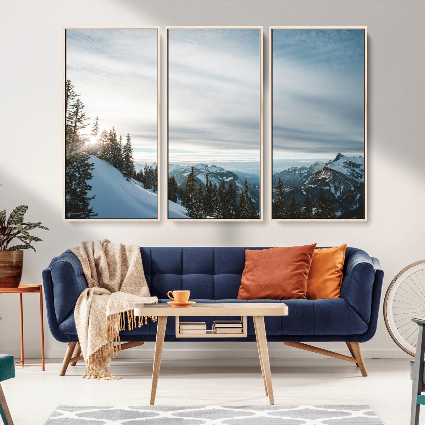 MGV-FC-48X32-3P - Snowy Mountains Wall Art Canvas Print, Framed Alpine Landscape Art Picture Print, Frosty Peaks Perfect Nordic Minimalist Decor Artwork