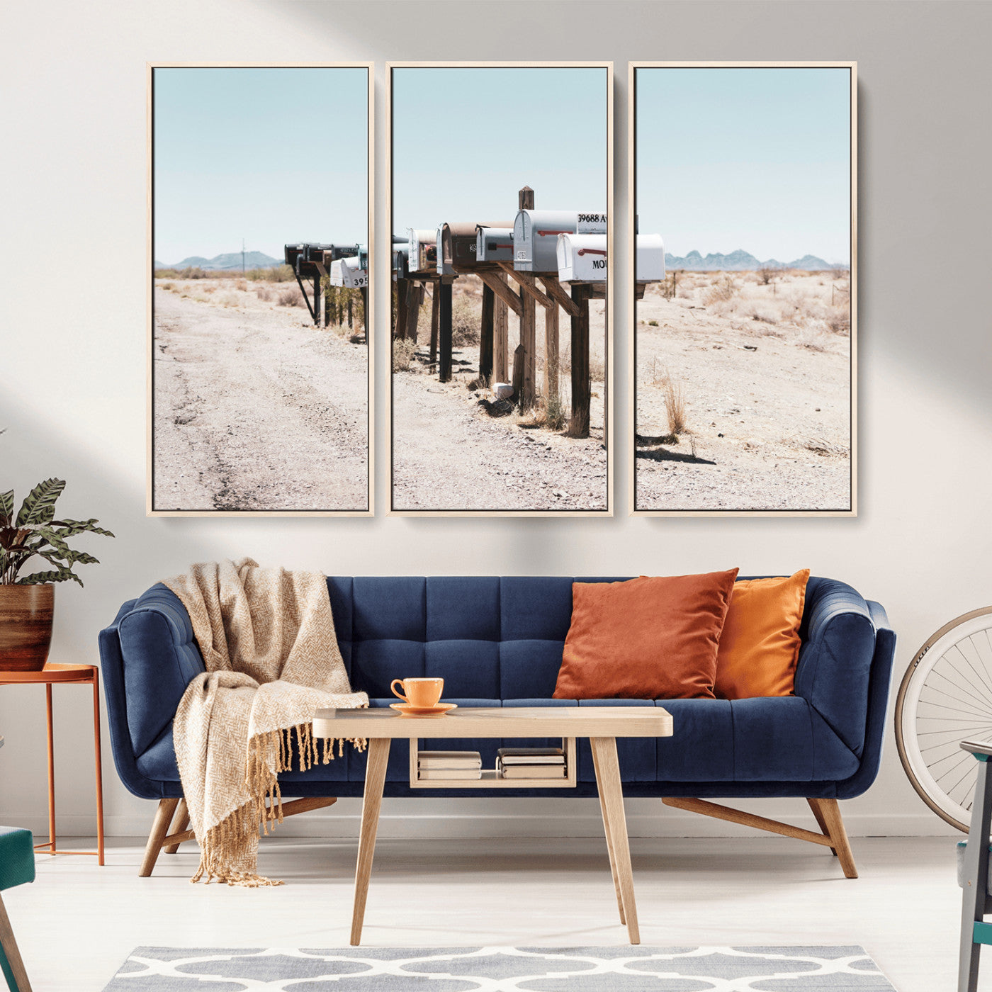 MGV-FC-48X32-3P - Desert Mailboxes Canvas Print – Minimal Western Landscape Photography, Rustic Americana Wall Art for