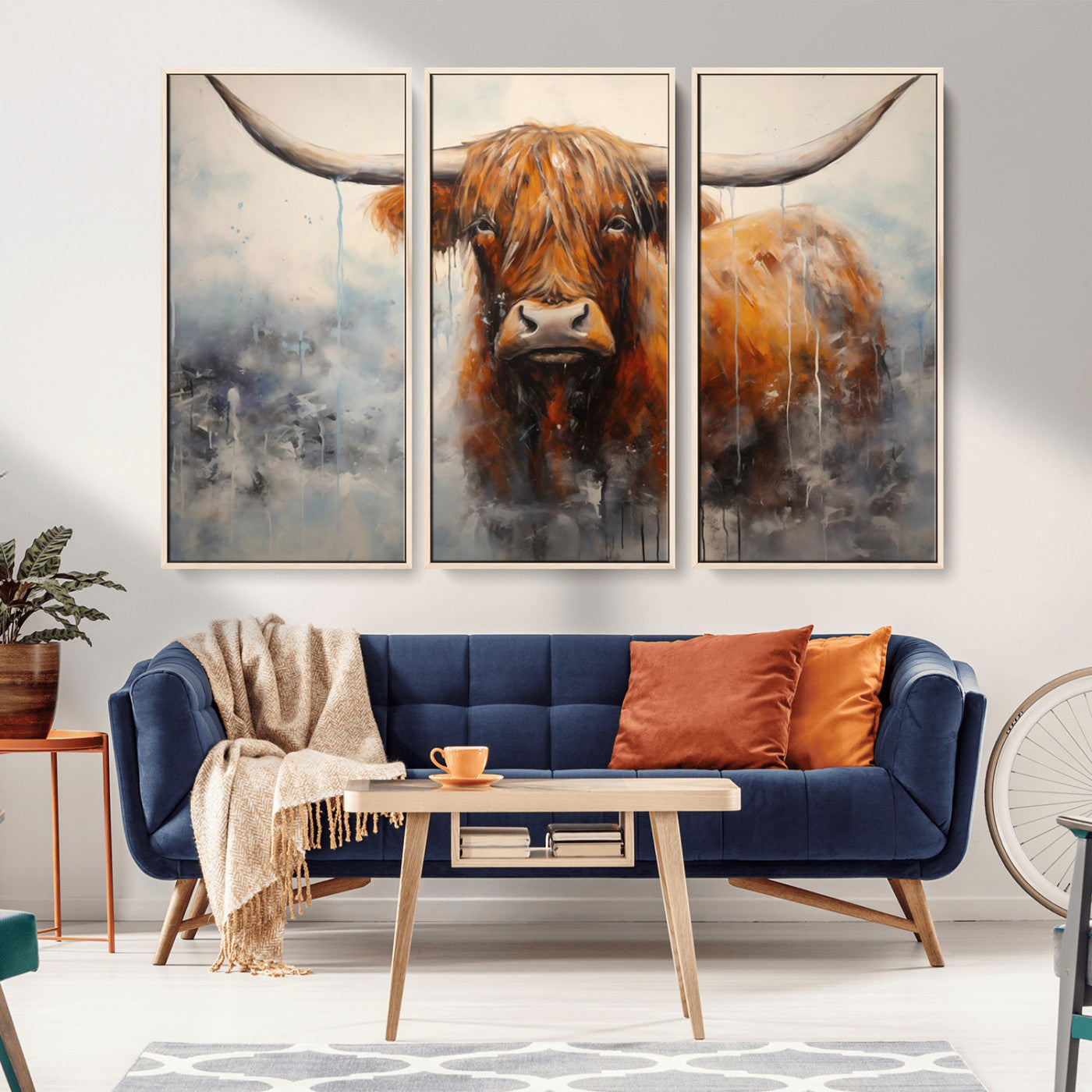MGV-FC-48X32-3P - Scottish Highland Wall Art Canvas Print, Framed Longhorn Art Picture Print, Western Cow Perfect Farmhouse Decor Artwork