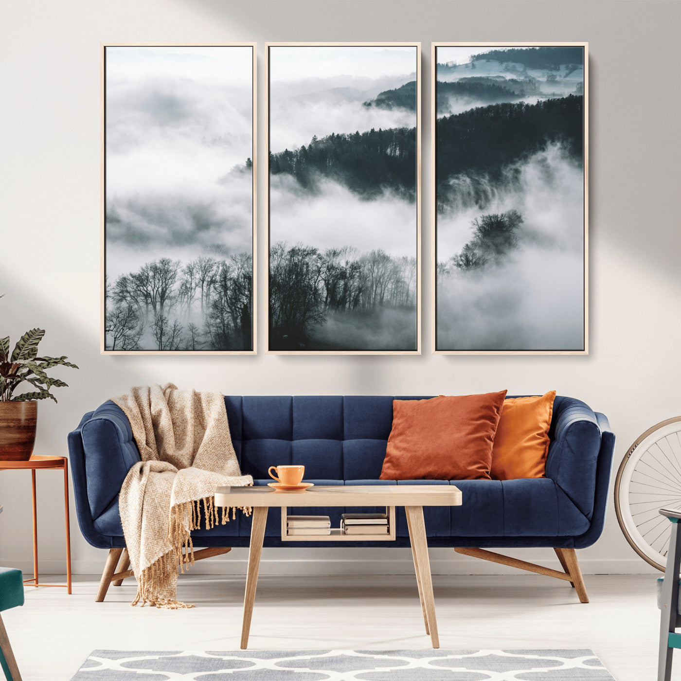 67569654-MGV-FC-60X40-3P_Natural-Foggy Forest Landscape Wall Art Canvas Print – Misty Mountain Valley Scene in Monochrome Tones, Perfect for Minimalist or Nordic Home Decor