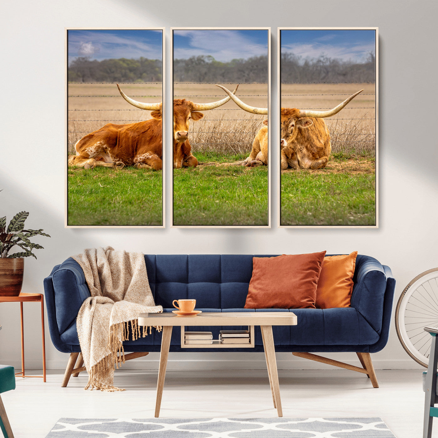 54598515-MGV-FC-60X40-3P_Natural-Texas Longhorn Pair Wall Art Canvas Print – Peaceful Rustic Ranch Scene with Two Cattle in Field, Perfect for Western Farmhouse Home Decor