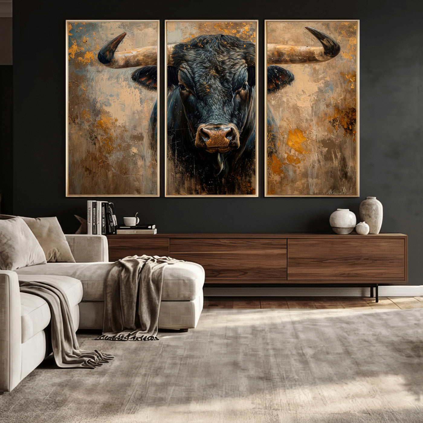 91615410-MGV-CV-36X24 - Abstract Texas Longhorn Bull Wall Art – Rustic Farmhouse Canvas Print, Western Cabin Style Decor, Large Animal Artwork for Living Room or Office
