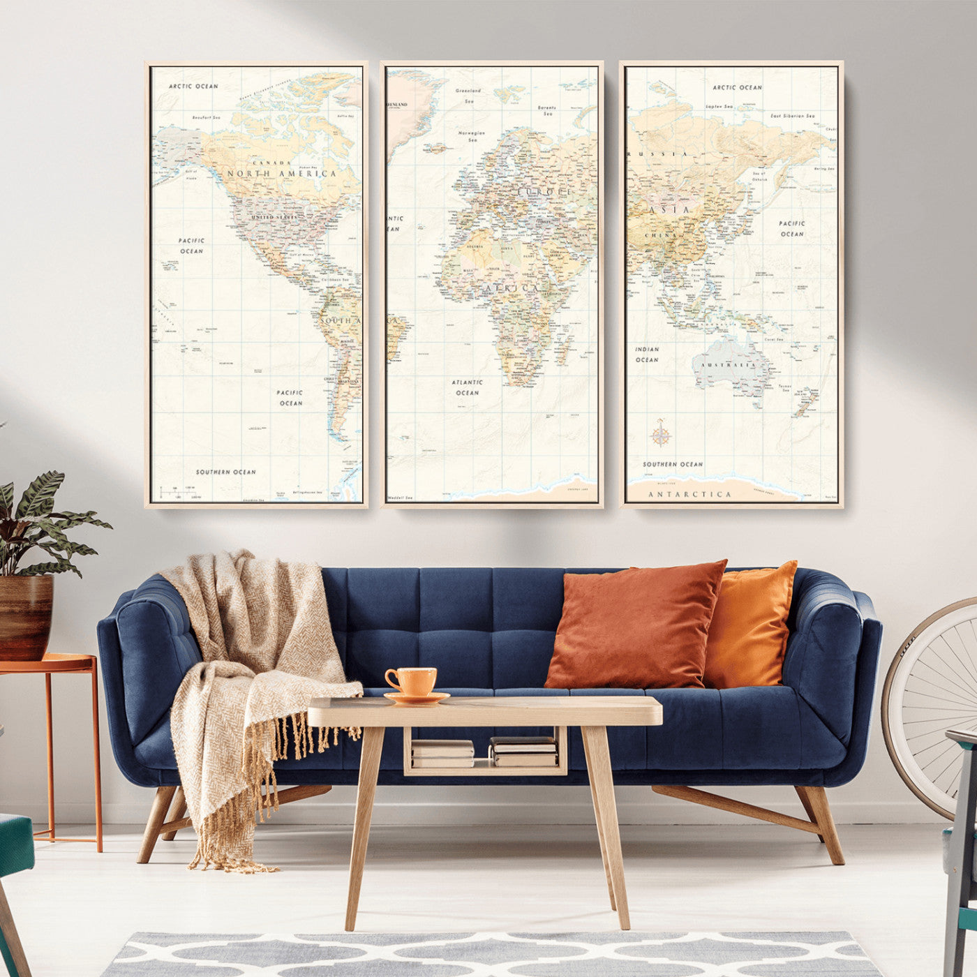 An antique-style world map showing continents, countries, and oceans with soft beige tones, detailed borders, and classic typography, enhanced by a subtle grid overlay and a vintage compass rose.