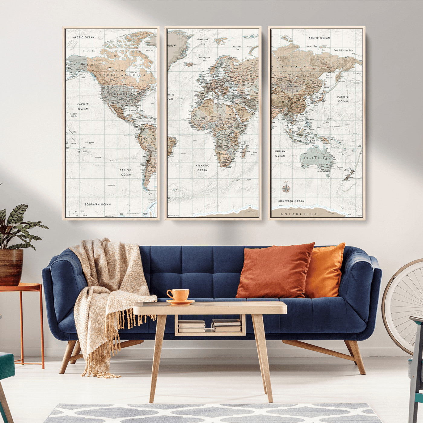 Vintage world map with detailed country borders and labels, featuring soft earthy tones of beige, brown, and gray on a textured parchment background, including oceans, continents, and major cities.